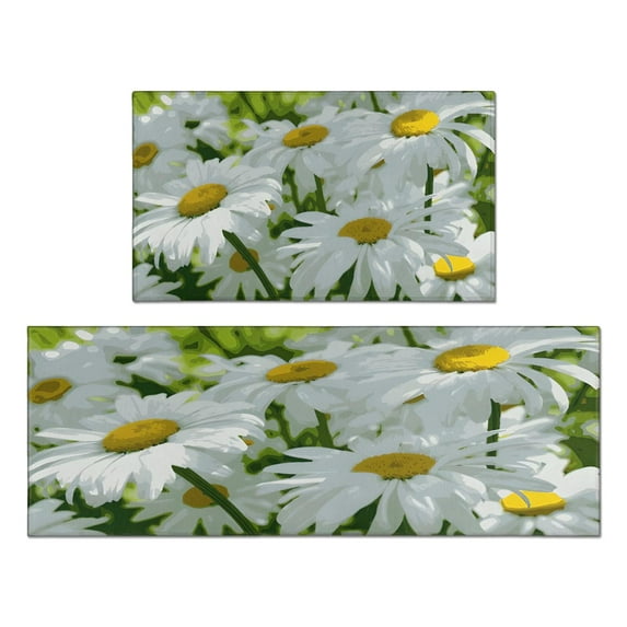 Embrace Summer with Daisy Farmhouse 2-Piece Kitchen Rug Set – Vibrant & Colorful Flowers Decor, Low-Profile & Easy to Clean Floor Mats, Perfectly Fit 17x30 and 17x47 Inch Spaces