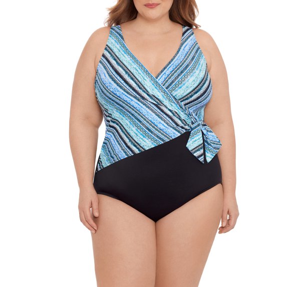 Embrace Your Curves Women's Plus Celeste One Piece Faux Wrap Shoreline Stripe Swimsuit.