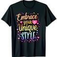 thumbnail image 1 of Embrace Your Unique Style Black T-Shirt with Text & Pink Hearts Fashion Tee for All Ages, 1 of 5