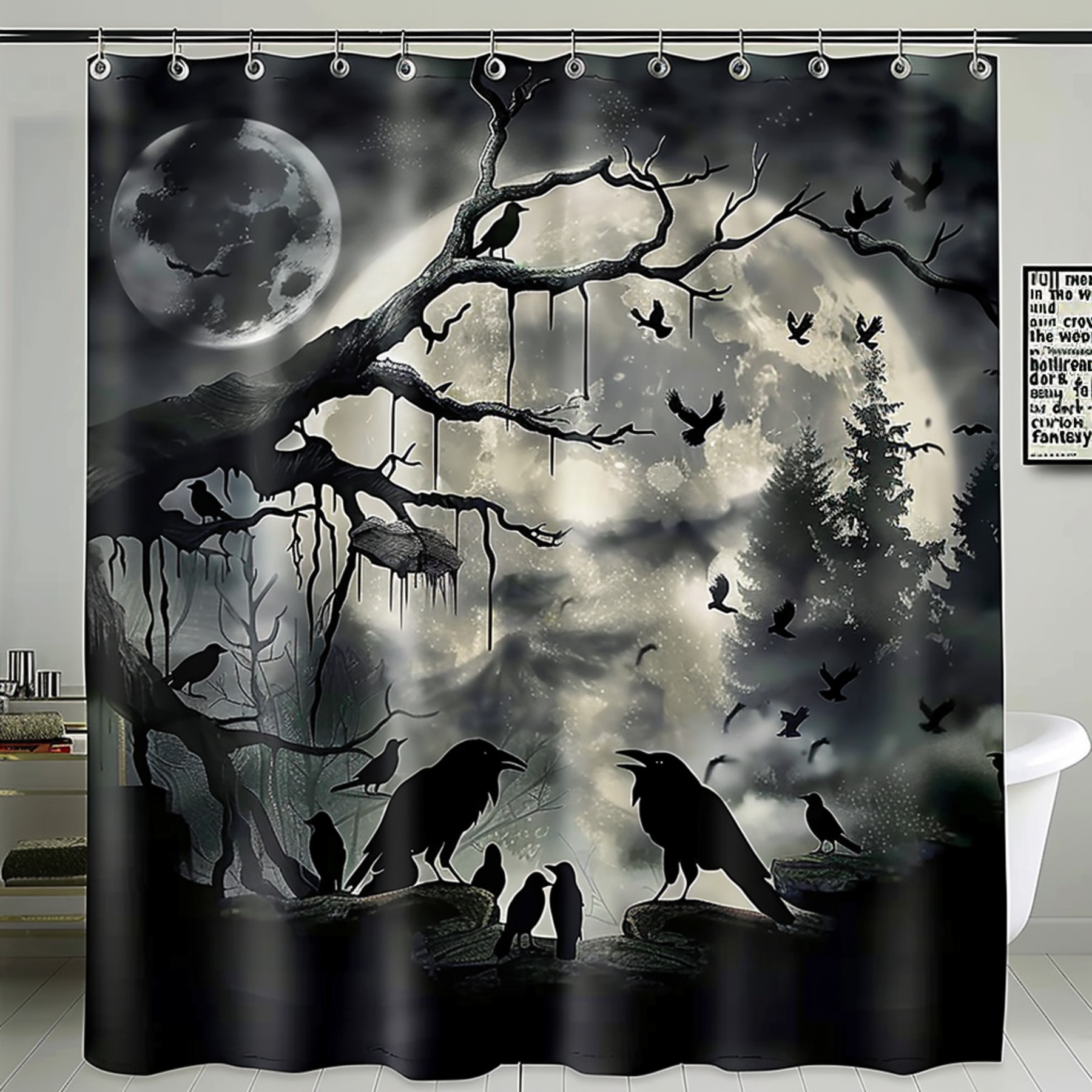 Embrace the Enchantment Full Moon and Crows Shower Curtain Transform Your Bathroom into a Dark