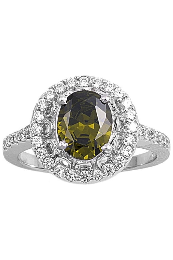 Embraced Oval Olive Green Cubic Zirconia Ring Sterling Silver 925 Size 9