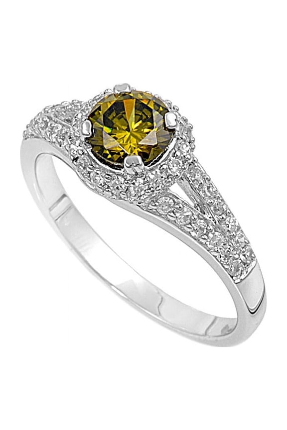 Embraced Round Center Olive Green Cubic Zirconia Ring Sterling Silver 925 Size 4