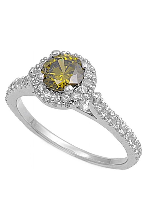 Embraced Round Center Olive Green Cubic Zirconia Ring Sterling Silver 925 Size 8