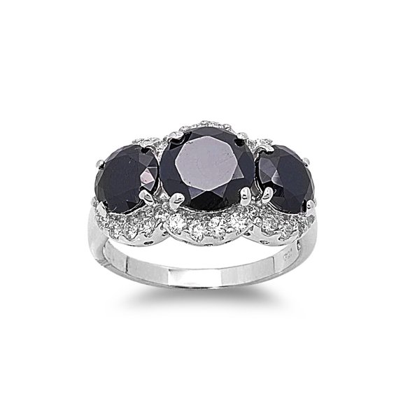Embraced Three Stones Black Cubic Zirconia Ring Sterling Silver 925 Size 9