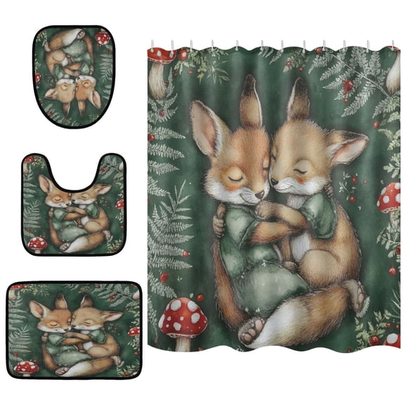 Embracing Foxes Bathroom Accessory Curtain Sets Bath Curtain Anti-Slip Mats and Toilet Pad 66x72in