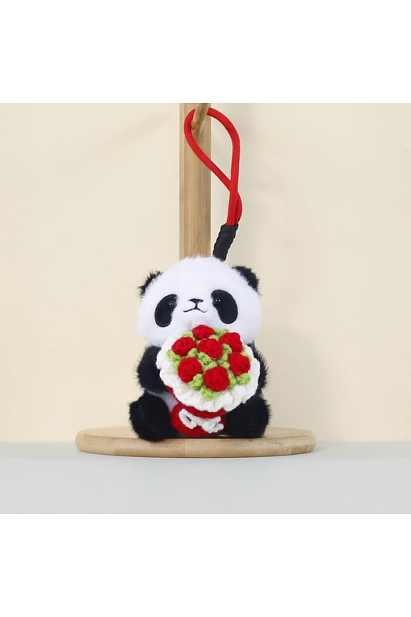 Embracing Roses Pendant Toy Doll for Proposals — Cute Plush Panda with Crochet Flower Bouquets, Romantic Gift, Decorative Keychain & Bag Accessory Red