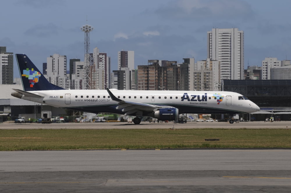 Embraer 190 from Azul Brazilian Airlines taken at Recife airport Brazil Canvas Art - Riccardo NiccoliStocktrek Images (34 x 23)