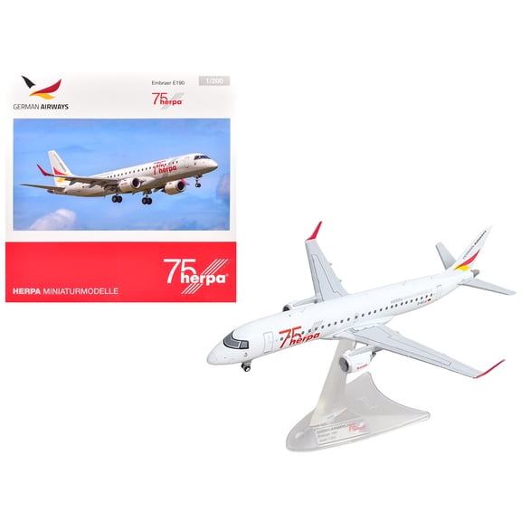 Embraer E190 Commercial Aircraft "German Airways - Herpa 75 Years" White with Graphics 1/200 Diecast Model Airplane by Herpa