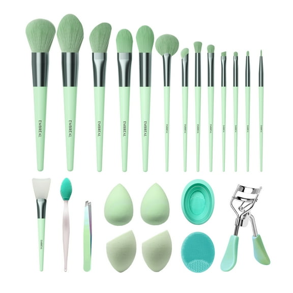 Embreal 23pcs Makeup Brushes Kit Set Foundation Power Eye Brush Sponge Eyelash Curler Tweezer Value Set Green