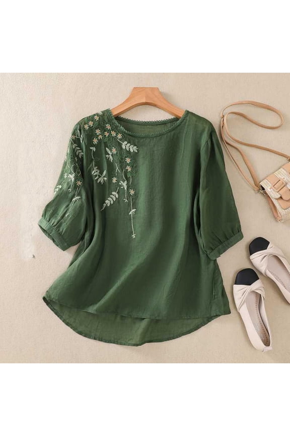 Embroidered 3/4 Sleeve Boho Tops Ladies Tops And Blouses Gauze Popover Tops For Women Cotton Boho Tops Gauze Shirts For Women Crew Neck Tshirts For Women Boho T Shirts For Women Summer T Shirts