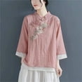 thumbnail image 1 of Embroidered 3/4 Sleeve Boho Tops Lightweight Linen Blouses For Women Gauze Shirts Chinese Frog Casual Blouses Oversized Linen Shirts For Women Summer Blouses For Women Chinese Frog Button Tees Pink, 1 of 5