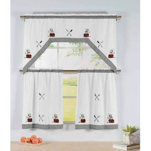 Embroidered 3-Piece Kitchen Tier and Valance 60" x 72" Set with Gingham Border