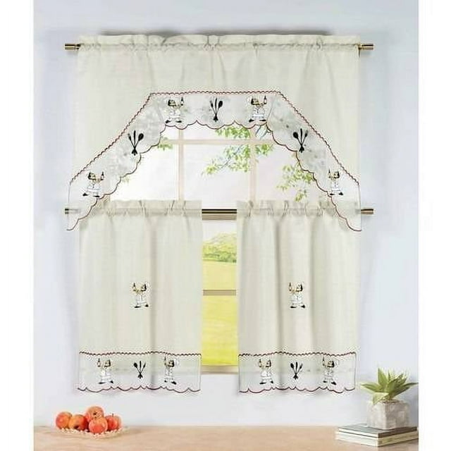 Embroidered 3Piece Kitchen Tier and Valance 60" x 72" Set with
