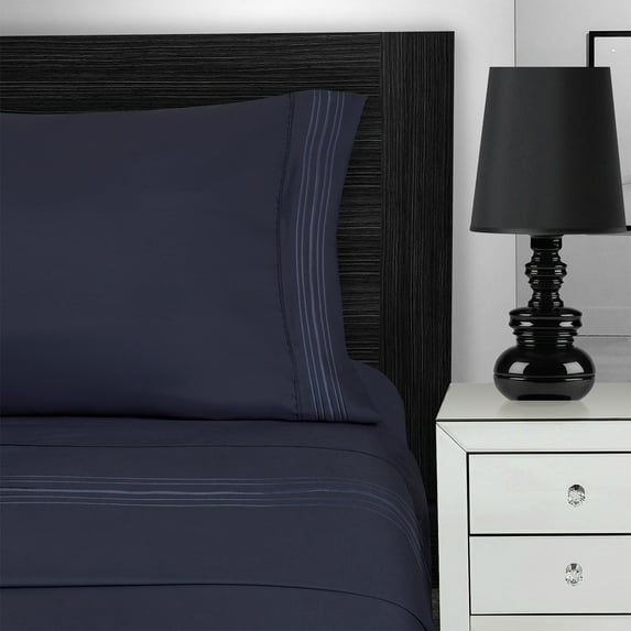 Embroidered 5-Line Microfiber 4-Piece Deep Pocket Sheet Set - Queen, Navy Blue