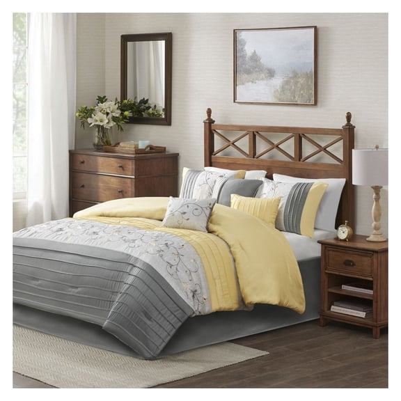 Embroidered 7 Piece Comforter Set - Floral Design - Polyester - King Size - Grey & Yellow