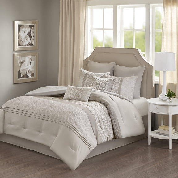 Embroidered 8 Piece Comforter Set Neutral Queen