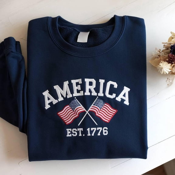 Embroidered America Flags Crewneck Sweatshirt, Independence Day Outfit, July 4th Shirt, Independence Red White Blue United States American