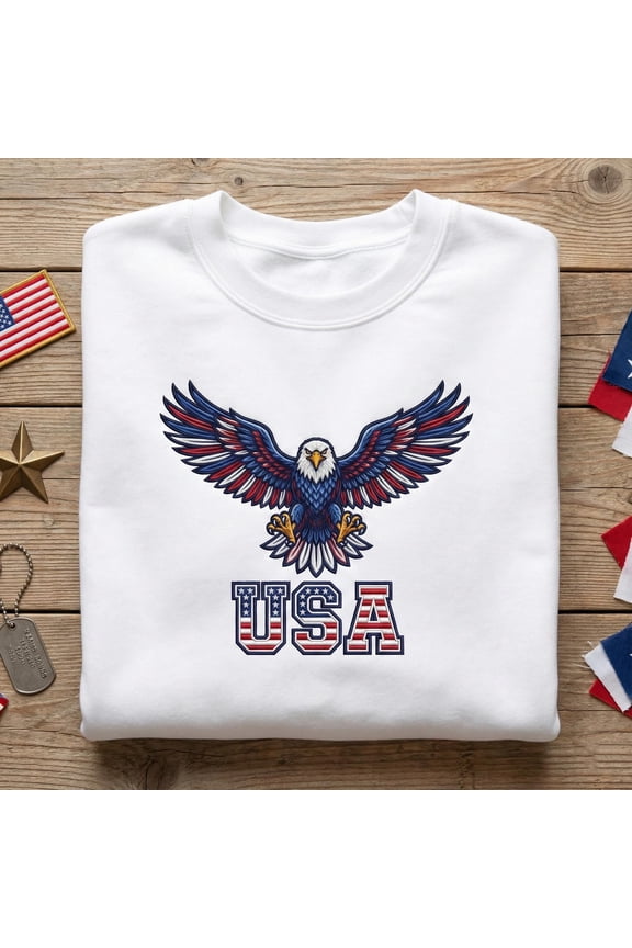 Embroidered American Eagle Sweatshirt, USA Flag Colors Hoodie, Patriotic Gift, 4th of July Crewneck, Independence Day Apparel, Dad