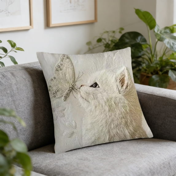 Embroidered Animal Print Pillow Cover, 18x18 Inch Soft Plush Decorative Pillowcase with Fox Cat Butterfly Design, Cute Throw Pillow Cover for Sofa Bed Car