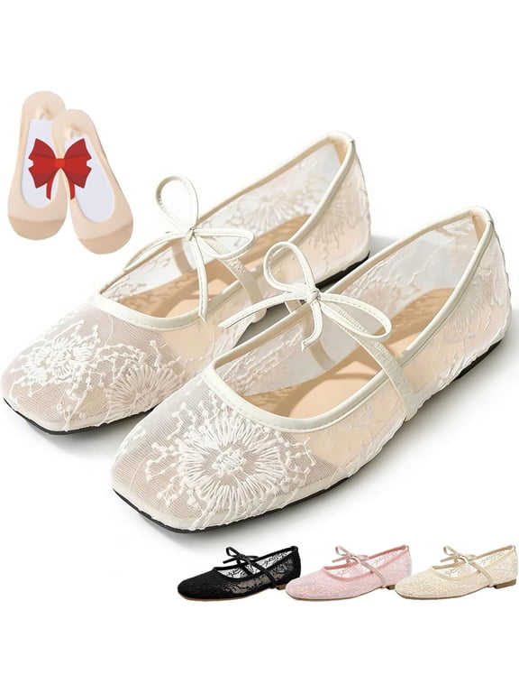 Embroidered Ballet Flats, Women's Lace Ballet Flats Embroidery Square Toe Mesh Flats Comfortable Slip on Dress Shoes