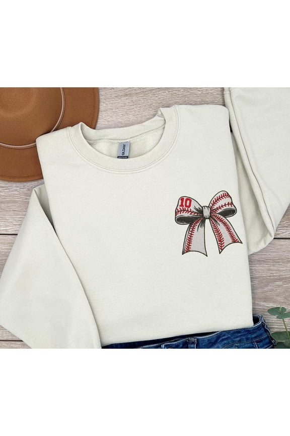 Embroidered Baseball Coquette Bow Sweatshirt, Baseball Sweater, Baseball Game Day Hoodie, Embroidered Baseball Bow Sweatshirt