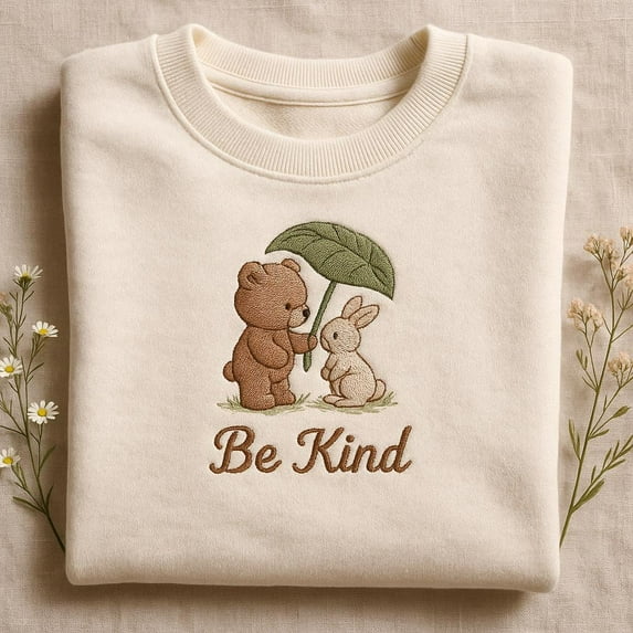 Embroidered Be Kind Bear and Bunny Sweatshirt, Cottagecore Animal Kindness Sweater, Cute Rabbit Teddy Crewneck, Nature Gift