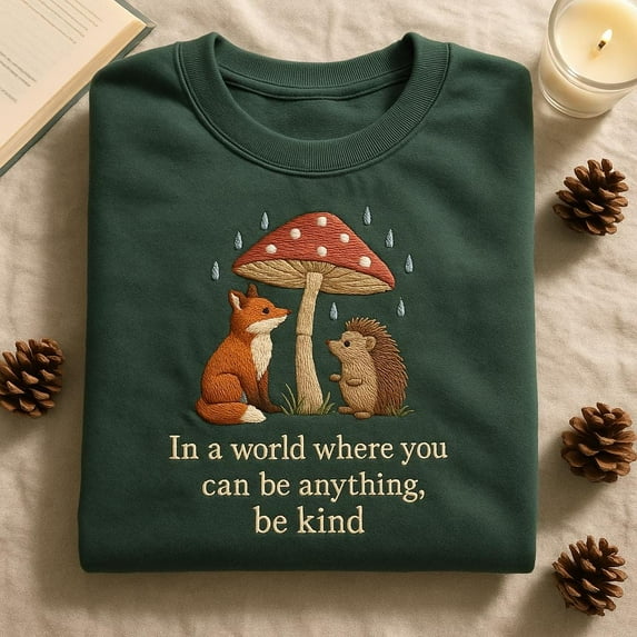 Embroidered Be Kind Fox Hedgehog Sweatshirt, Cottagecore Kindness Sweater, Mushroom Rain Animal Crewneck, Nature Gift