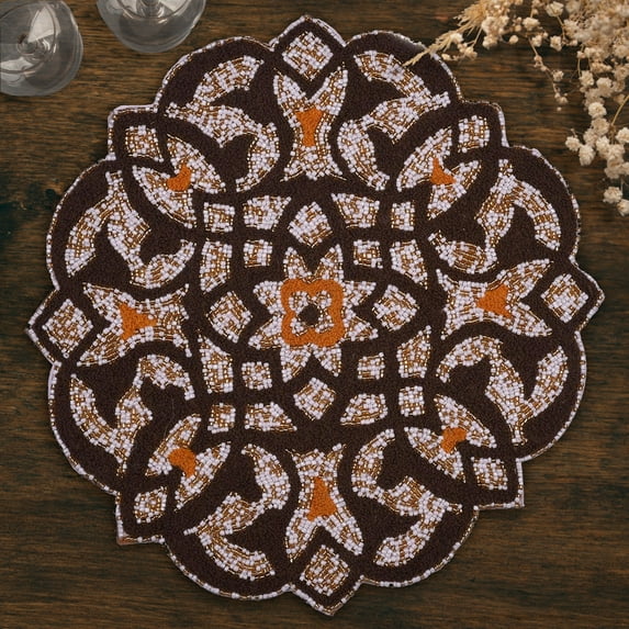 Embroidered Beaded Placemat 14" Round Set of 2 Brown/Gold Handmade w/Beads Scratchproof Decorative Placemats Accessory for Table Set Kitchen Decor Beadwork Table Mats