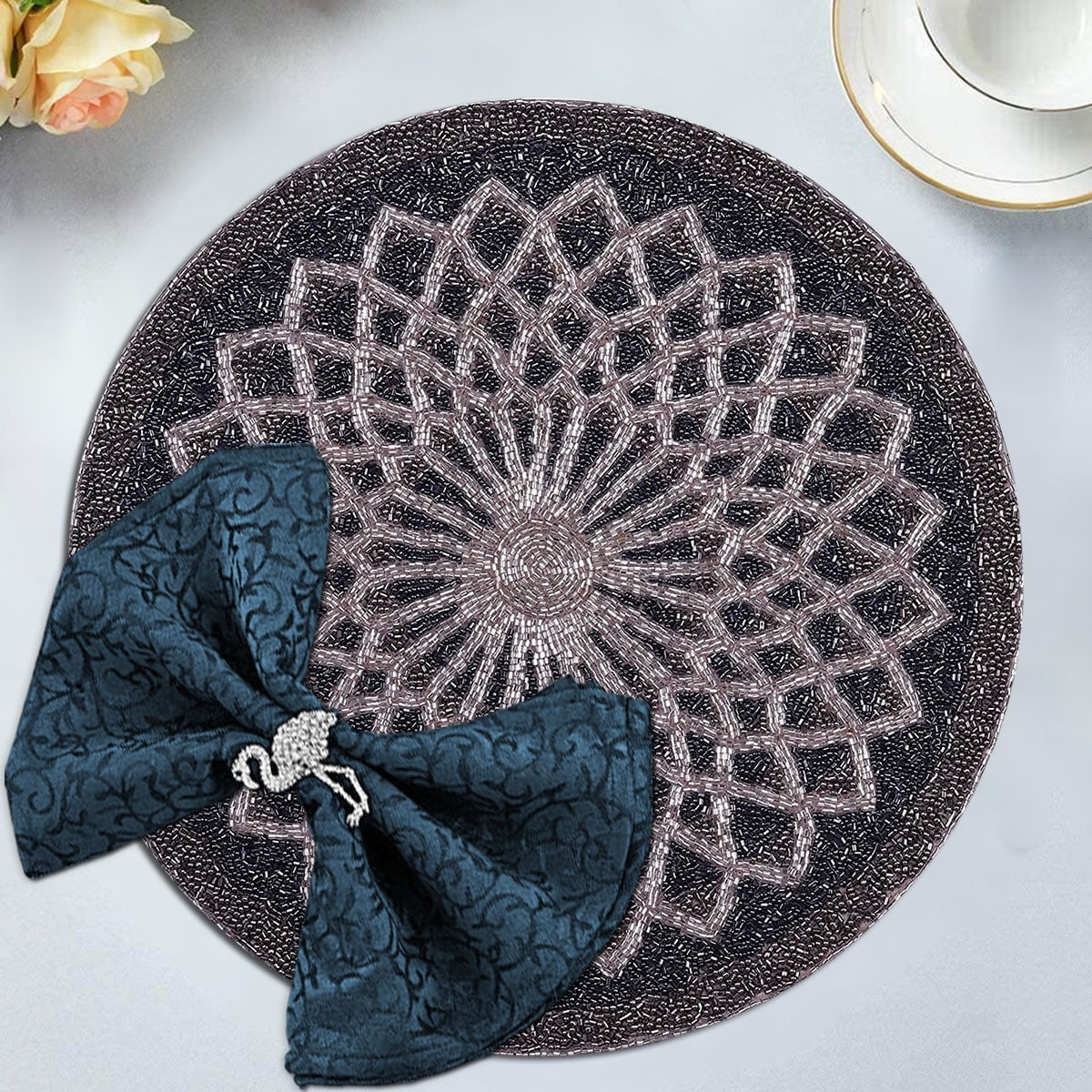 Embroidered Beaded Placemat 14" Round Set of 2 Pcs Pewter/Silver