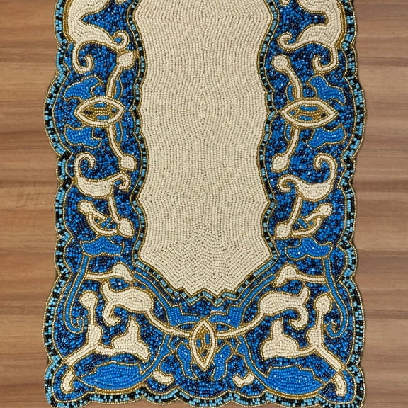 Embroidered Beaded Runne Placemats with Satin Back Coffee Table Dining Table Mats Blue and White Glass Beaded Design Housewarming Gift 36 x 13 inches