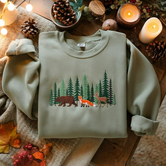 Embroidered Bear Sweatshirt, Forest Wildlife Scene, Nature Lover Gift