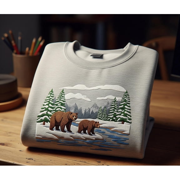 Embroidered Bear Sweatshirt: Wildlife Mountain Scene, Unisex Pullover