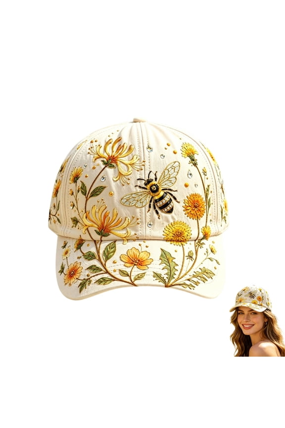Embroidered Bee & Flower Baseball Cap, Women’s Adjustable Floral Animal Embroidery Sun Hat with Rhinestones