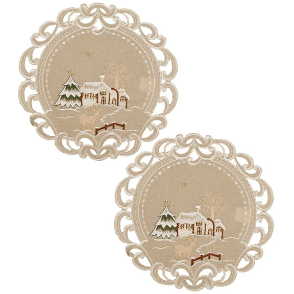 Embroidered Beige Winter Snow Scene Round Doilies (11"/ 15" Round)