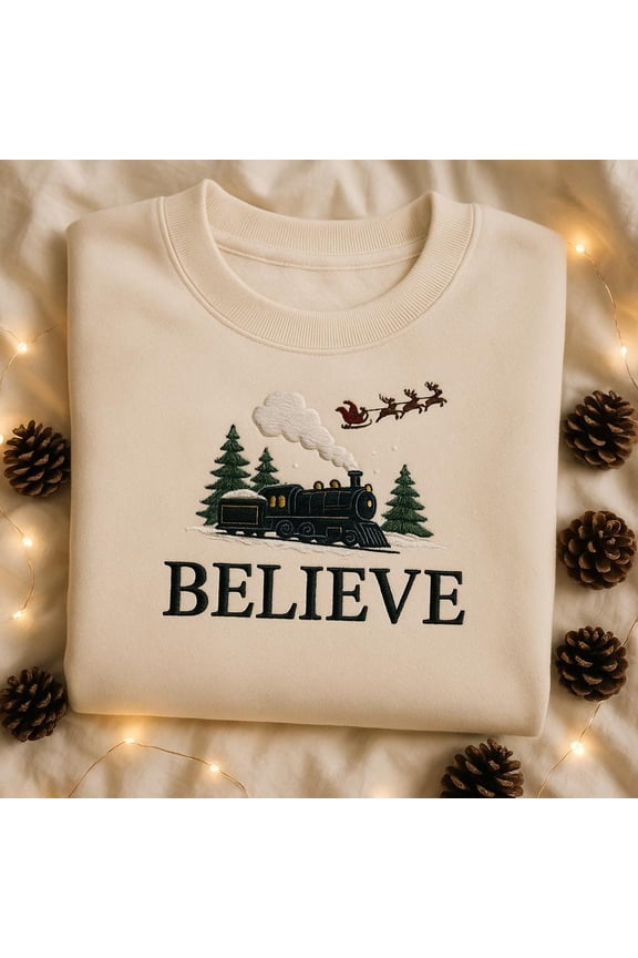 Embroidered Believe Christmas Sweatshirt, Classic Train Hoodie, Santa Claus Sleigh Sweater, Holiday Magic Gift, Xmas Apparel