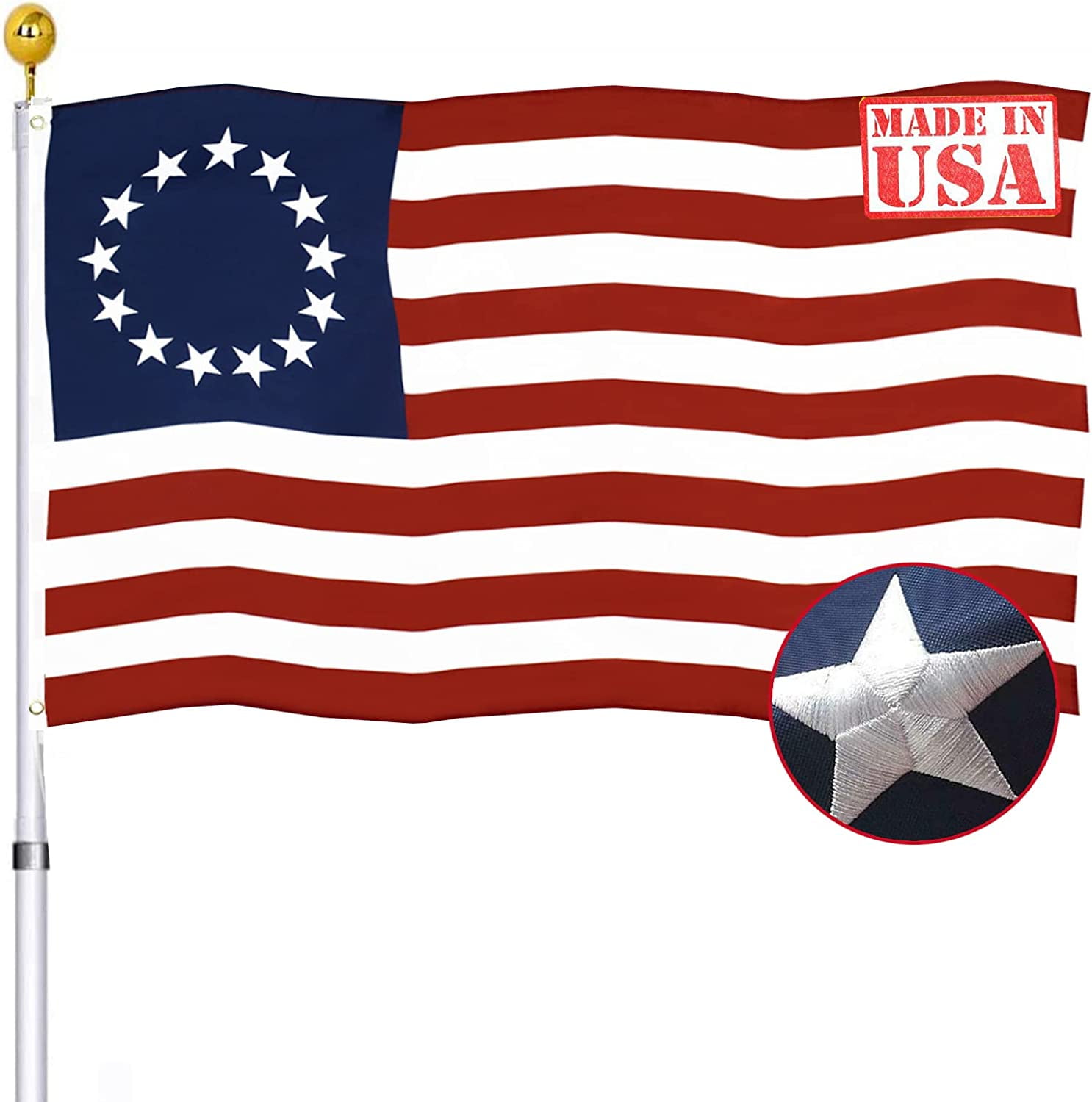 Embroidered Betsy Ross American US Flag 3x5 Outdoor Made In USA- 13 Stars Colonies Primitive USA Stitched Flags Embroidered Stars Sewn Stripes Heavy Duty Banner