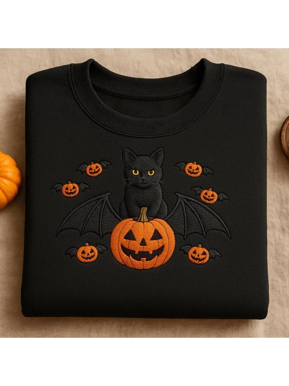 Embroidered Black Cat Pumpkin Gothic Halloween, Sweatshirt