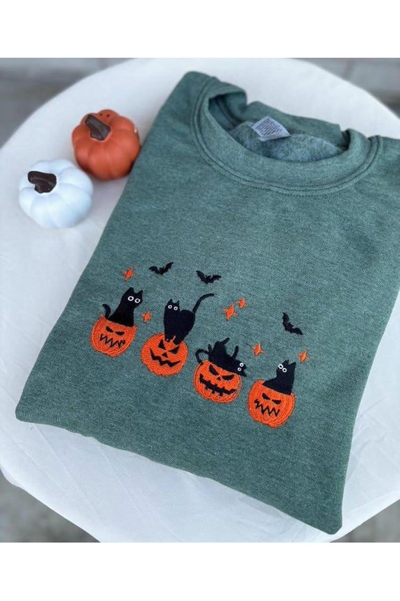 Embroidered Black Cat Pumpkin Jack O Lantern Cat Ghost, Sweatshirt