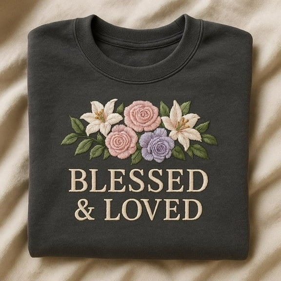 Embroidered Blessed & Loved Sweatshirt, Floral Christian Crewneck, Inspirational Top, Aesthetic Flower Apparel, Religious Gift for Her
