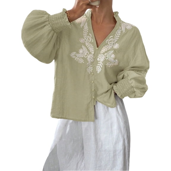 Embroidered Blouses for Women Floral Embroidered Button Up Puff Sleeve Shirt Dressy Casual Blouses Daily Wear everywhere