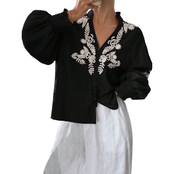 Embroidered Blouses for Women Floral Embroidered Button Up Puff Sleeve Shirt Dressy Casual Blouses Daily Wear