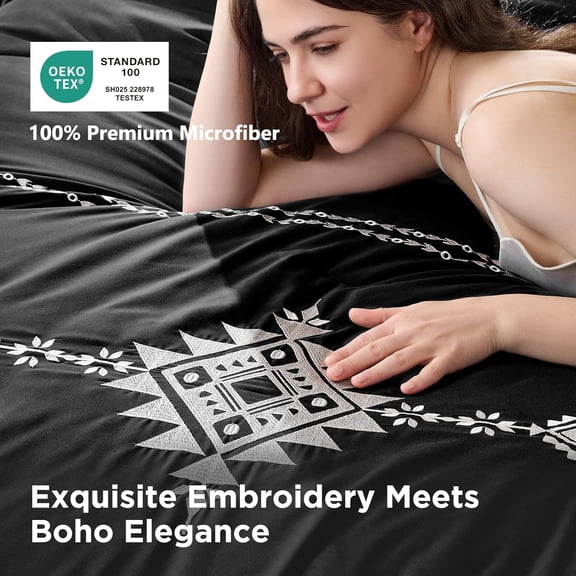 Embroidered Boho Comforter Set Queen Size, 3-Piece Western Shabby Chic Bedding Set - Fluffy Ultra Soft Microfiber with Intricate Design, Includes Comforter & 2 Pillowcases, Black(88"x88")