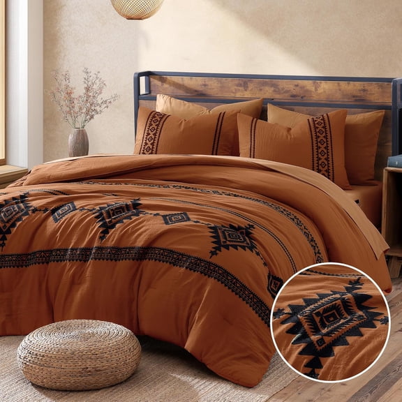 Embroidered Boho Farmhouse Comforter Set with Sheets and Pillowcases Burnt Orange Queen 7 Pieces