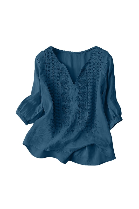 Embroidered Boho Tops for Women Bohemian Tops Summer Tops for Women Retro Embroidered 3/4 Sleeve Boho Tops 3/4 Length Sleeve Womens Tops Lightweight Pullover Shirt Summer Spring Blouses L