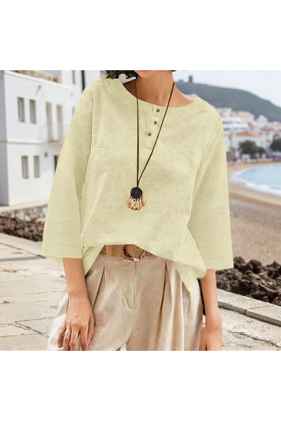 Embroidered Boho Tops for Women Breathable Elbow Sleeve 3/4 Length Sleeve Shirts Cotton Linen Tops Peasant Tops Dressy Casual Blouses Fashion Clothes Soft Floral Top Loose Tunics Top Work Tees L