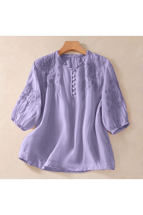 Embroidered Boho Tops for Women Peasant Tops Bohemian Tops Summer Spring Blouses Vacation Beach Solid Blouses Soft Floral Top Lightweight Pullover Shirt Summer Tops for Women Cotton Linen Tops