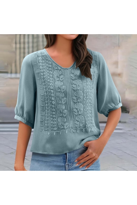 Embroidered Boho Tops for Women Vacation Beach Solid Blouses Loose Tunics Top Boho Shirts Elbow Sleeve Retro Embroidered 3/4 Sleeve Boho Tops 3/4 Length Sleeve Womens Tops Loose Fit Blouses M