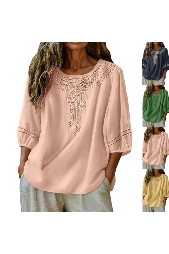 Embroidered Boho Tops for Women Loose Fit Women's Petite Cotton Shirts Dressy Casual Trending Blouse 2026,Pink,XL