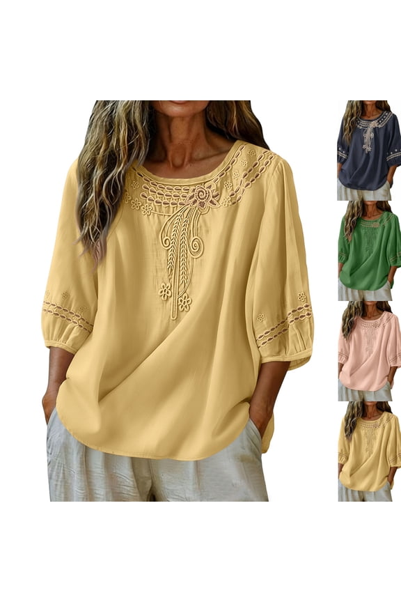 Embroidered Boho Tops for Women Loose Fit Women's Petite Cotton Shirts Dressy Casual Trending Blouse 2026 03 Yellow M