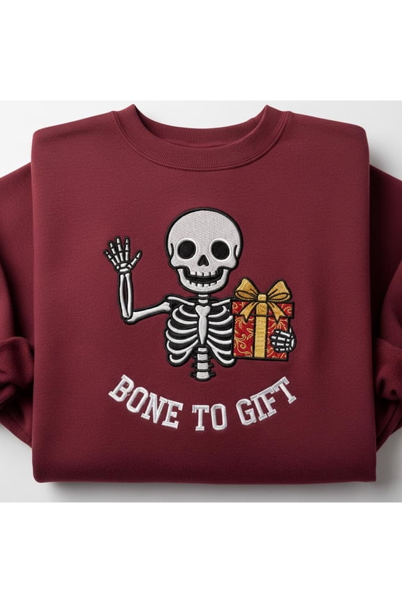 Embroidered Bone To Gift Sweatshirt, Cute Skeleton Christmas Crewneck, Funny Holiday Skull Jumper, Spooky Xmas Gift Sweater, Santa Skull